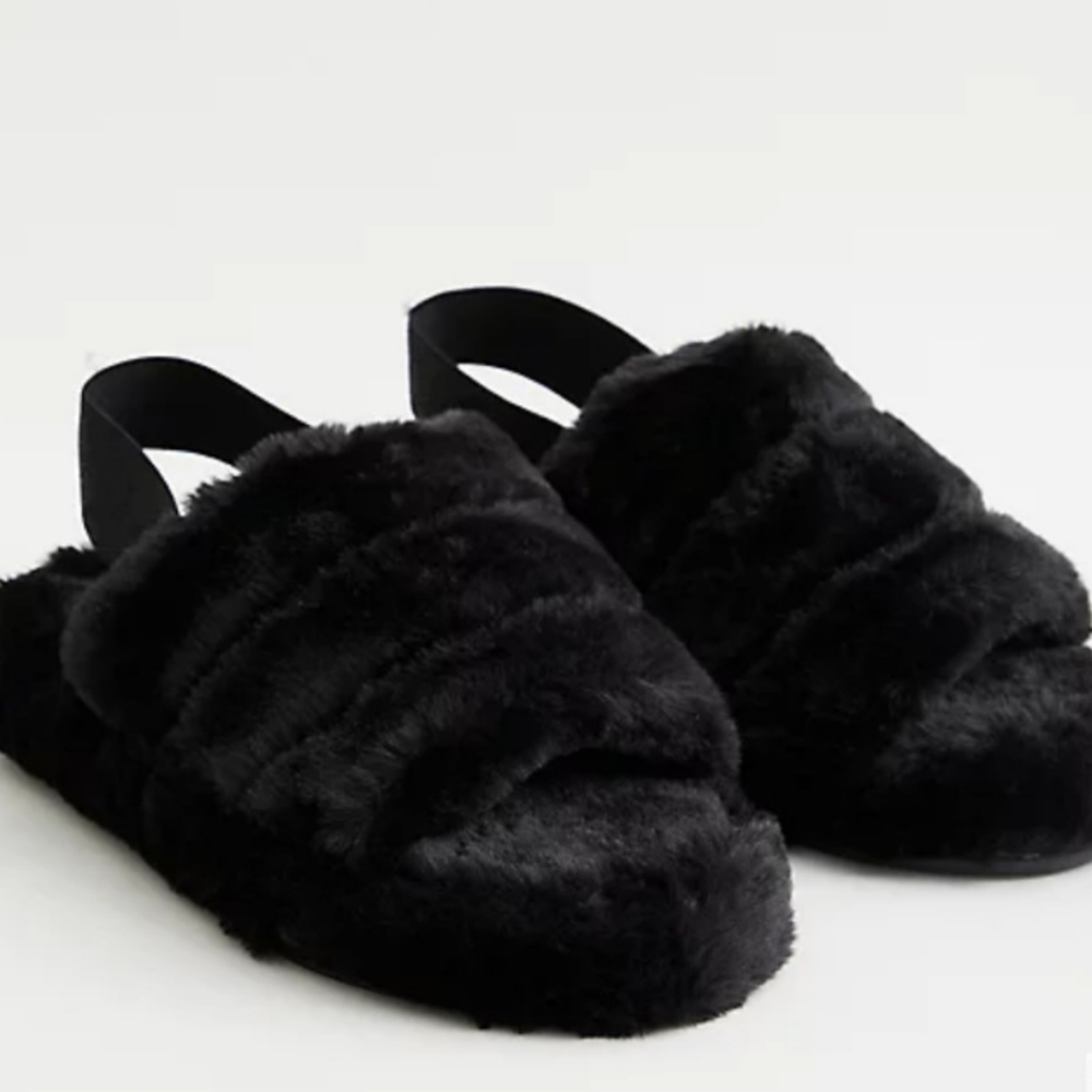 Black Fuzzy Slide Slippers with Elastic Strap